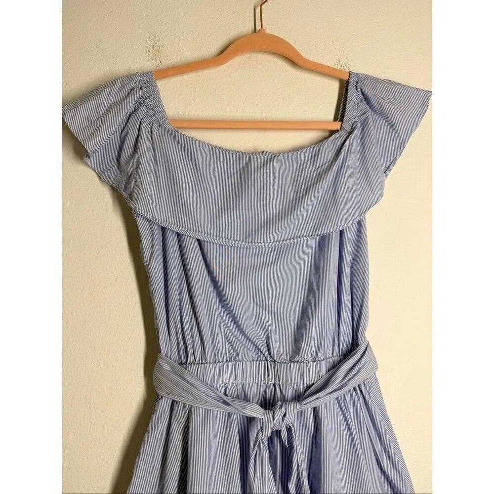 Saks Fifth Avenue Blue Striped Off Shoulder Dress Belted High Low Cotton Size L - Picture 4 of 16